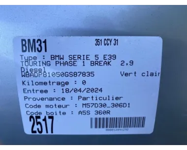 Cache moteur  BMW SERIE 5 E39 TOURING PHASE 1 BREAK Diesel
